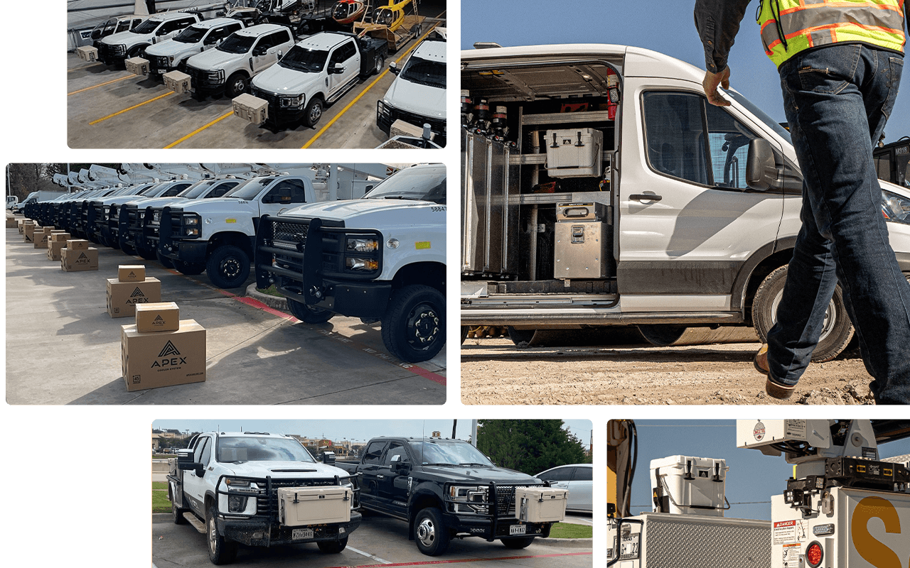 Collage of Apex coolers mounted to fleet work trucks