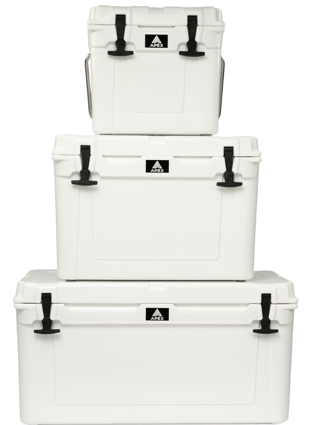 White Apex A20 Cooler stacked on top of an Apex A45 cooler