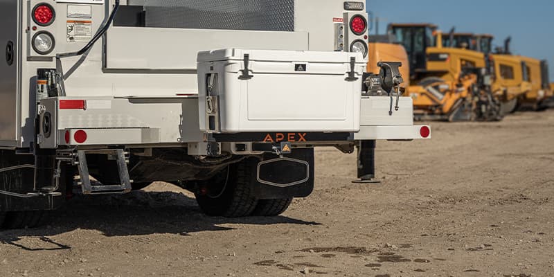 White Apex A75 cooler mounted to the back of a fleet truck