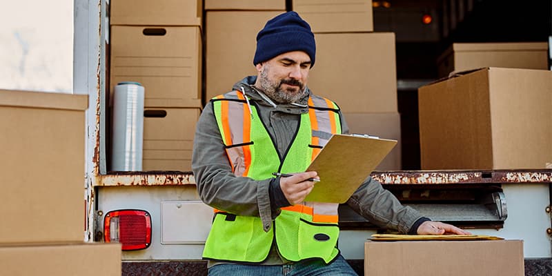 Delivery worker wearing a safety vest with multiple cardboard packages stacked inside the truck